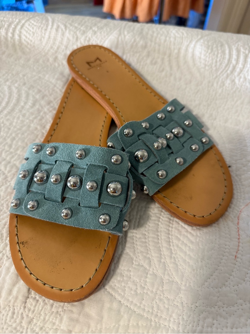 Marc Fisher LTD Blue Suede Studded Slide Sandals Boho Western Chic 8.5